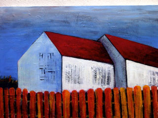 Painting of white house with picket fence.